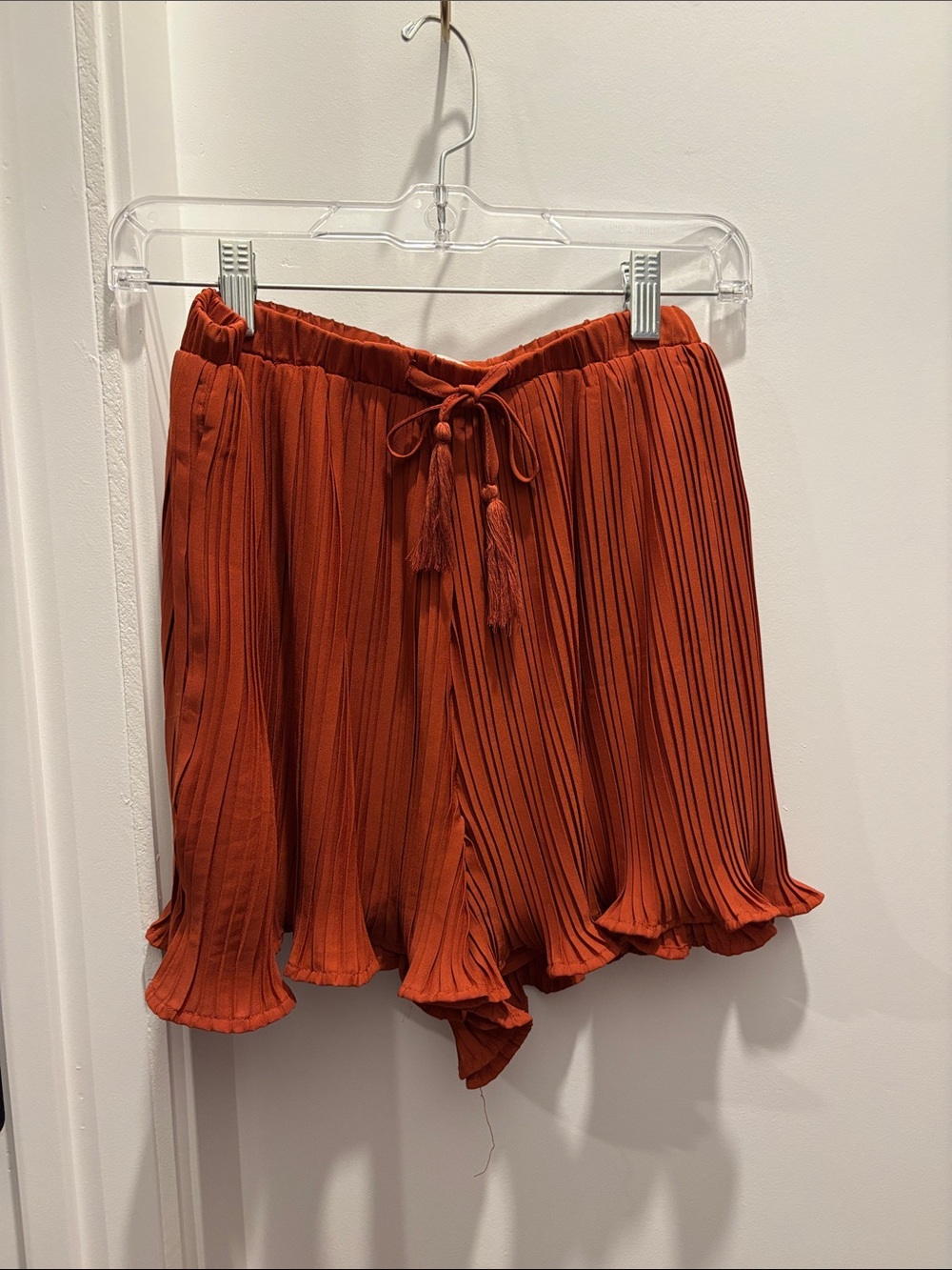 The Impeccable Pig Rust Orange Pleated Tassel Waist Shorts